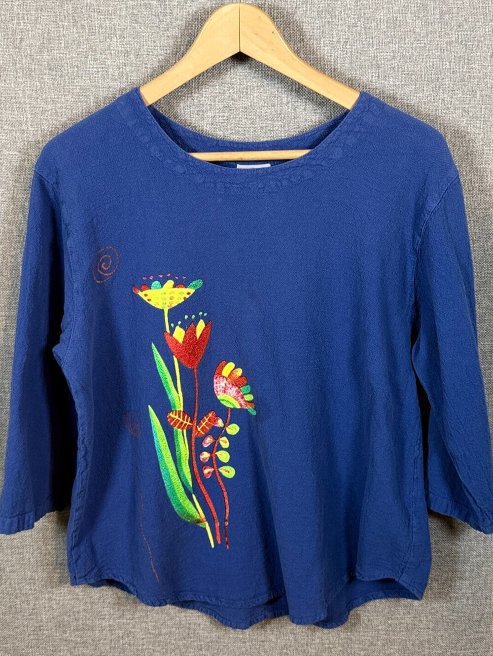 Sea Breeze of California Floral Artwear Blouse Womens XL Blue Cotton 3/4 Sleeve